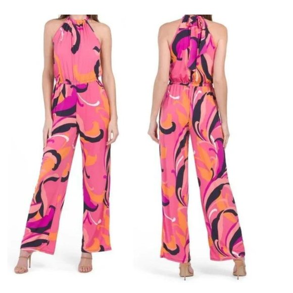 NWT TRINA TURK JUJU Jumpsuit Size L Pink Black Orange Halter Jumpsuit - Picture 1 of 7